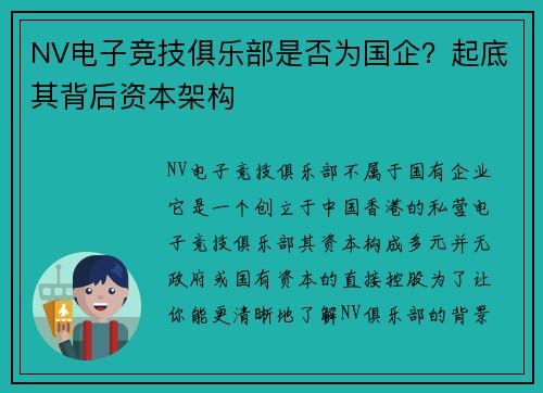 NV电子竞技俱乐部是否为国企？起底其背后资本架构